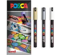 Posca Water Based Acrylic Paint Marker Pens | Multi Surface Use Permanent Paint Pen | Pack of 3 Pens in Envelope Gift Packaging | Glass, Fabric, Canvas, Wood etc | PC-1MR, Gold, White, Silver