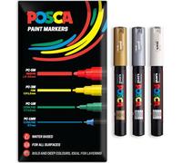 Posca Water Based Acrylic Paint Marker Pens | Multi Surface Use Permanent Paint Pen | Pack of 3 Pens in Envelope Gift Packaging | Glass, Fabric, Canvas, Wood etc | PC-1M, Gold, White, Silver