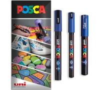 Posca Water Based Acrylic Paint Marker Pens | Multi Surface Use Permanent Paint Pen | Pack of 3 Pens in Envelope Gift Packaging | Glass Fabric Wood etc | PC-1MR, PC-1M, PC-3M, Blue