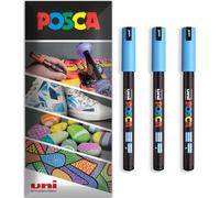 Posca Water Based Acrylic Paint Marker Pens | Multi Surface Use Permanent Paint Pen | Pack of 3 Pens in Envelope Gift Packaging | Glass, Fabric, Canvas, Wood etc | PC-1MR, Light Blue
