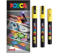 Posca Water Based Acrylic Paint Marker Pens | Multi Surface Use Permanent Paint Pen | Pack of 3 Pens in Envelope Gift Packaging | Glass Fabric Canvas Wood etc | PC-1M, PC-3M, PC-5M, Yellow
