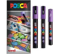 Posca Water Based Acrylic Paint Marker Pens | Multi Surface Use Permanent Paint Pen | Pack of 3 Pens in Envelope Gift Packaging | Glass Fabric Canvas Wood etc | PC-1M, PC-3M, PC-5M, Violet