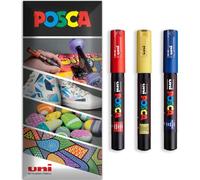Posca Water Based Acrylic Paint Marker Pens | Multi Surface Use Permanent Paint Pen | Pack of 3 Pens in Envelope Gift Packaging | Glass, Fabric, Canvas, Wood etc | PC-1M, Red, Yellow, Blue