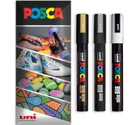 Posca Water Based Acrylic Paint Marker Pens | Multi Surface Use Permanent Paint Pen | Pack of 3 Pens in Envelope Gift Packaging | Glass, Fabric, Canvas, Wood etc | PC-5M, Gold, White, Silver
