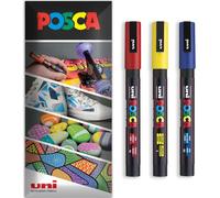 Posca Water Based Acrylic Paint Marker Pens | Multi Surface Use Permanent Paint Pen | Pack of 3 Pens in Envelope Gift Packaging | Glass, Fabric, Canvas, Wood etc | PC-3M, Red, Yellow, Blue