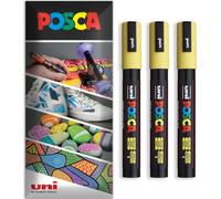 Posca Water Based Acrylic Paint Marker Pens | Multi Surface Use Permanent Paint Pen | Pack of 3 Pens in Envelope Gift Packaging | Glass, Fabric, Canvas, Wood etc | PC-5M, Yellow