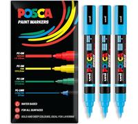 Posca Water Based Acrylic Paint Marker Pens | Multi Surface Use Permanent Paint Pen | Pack of 3 Pens in Envelope Gift Packaging | Glass, Fabric, Wood etc | Brush Nib PC-5BR, Light Blue