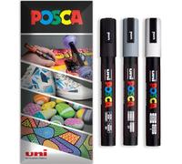 Posca Water Based Acrylic Paint Marker Pens | Multi Surface Use Permanent Paint Pen | Pack of 3 Pens in Envelope Gift Packaging | Glass, Fabric, Canvas, Wood etc | PC-5M, Black, Grey, White