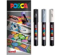 Posca Water Based Acrylic Paint Marker Pens | Multi Surface Use Permanent Paint Pen | Pack of 3 Pens in Envelope Gift Packaging | Glass, Fabric, Canvas, Wood etc | PC-1M, Black, Grey, White