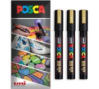 Posca Water Based Acrylic Paint Marker Pens | Multi Surface Use Permanent Paint Pen | Pack of 3 Pens in Envelope Gift Packaging | Glass, Fabric, Canvas, Wood etc | PC-5M, Gold