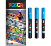Posca Water Based Acrylic Paint Marker Pens | Multi Surface Use Permanent Paint Pen | Pack of 3 Pens in Envelope Gift Packaging | Glass, Fabric, Canvas, Wood etc | PC-1M, Light Blue
