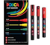 Posca Water Based Acrylic Paint Marker Pens | Multi Surface Use Permanent Paint Pen | Pack of 3 Pens in Envelope Gift Packaging | Glass Fabric Wood etc | PC-1MR, PC-1M, PC-3M, Red