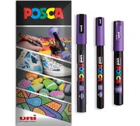 Posca Water Based Acrylic Paint Marker Pens | Multi Surface Use Permanent Paint Pen | Pack of 3 Pens in Envelope Gift Packaging | Glass Fabric Wood etc | PC-1MR, PC-1M, PC-3M, Violet