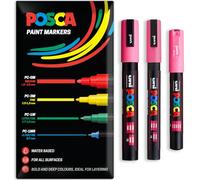 Posca Water Based Acrylic Paint Marker Pens | Multi Surface Use Permanent Paint Pen | Pack of 3 Pens in Envelope Gift Packaging | Glass Fabric Canvas Wood etc | PC-1M, PC-3M, PC-5M, Pink
