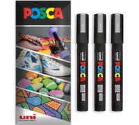 Posca Water Based Acrylic Paint Marker Pens | Multi Surface Use Permanent Paint Pen | Pack of 3 Pens in Envelope Gift Packaging | Glass, Fabric, Canvas, Wood etc | PC-5M, Silver