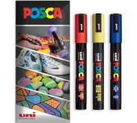 Posca - Water Based Permanent Marker Paint Pen - Multi Surface Use - PC-5M - Pack of 3 Pens in Wallet (Red, Yellow, Blue)