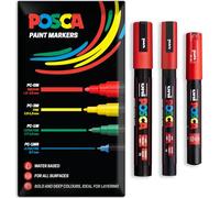 Posca Water Based Acrylic Paint Marker Pens | Multi Surface Use Permanent Paint Pen | Pack of 3 Pens in Envelope Gift Packaging | Glass Fabric Canvas Wood etc | PC-1M, PC-3M, PC-5M, Red