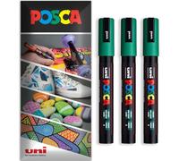 Posca Water Based Acrylic Paint Marker Pens | Multi Surface Use Permanent Paint Pen | Pack of 3 Pens in Envelope Gift Packaging | Glass, Fabric, Canvas, Wood etc | PC-5M, Green