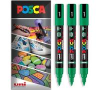 Posca Water Based Acrylic Paint Marker Pens | Multi Surface Use Permanent Paint Pen | Pack of 3 Pens in Envelope Gift Packaging | Glass, Fabric, Wood etc | Brush Nib PC-5BR, Green