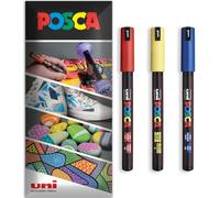 Posca Water Based Acrylic Paint Marker Pens | Multi Surface Use Permanent Paint Pen | Pack of 3 Pens in Envelope Gift Packaging | Glass, Fabric, Canvas, Wood etc | PC-1MR, Red, Yellow, Blue