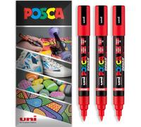 Posca Water Based Acrylic Paint Marker Pens | Multi Surface Use Permanent Paint Pen | Pack of 3 Pens in Envelope Gift Packaging | Glass, Fabric, Wood etc | Brush Nib PC-5BR, Red
