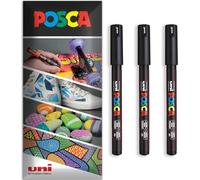 Posca Water Based Acrylic Paint Marker Pens | Multi Surface Use Permanent Paint Pen | Pack of 3 Pens in Envelope Gift Packaging | Glass, Fabric, Canvas, Wood etc | PC-1MR, Black