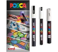 Posca - Water Based Permanent Marker Paint Pen - Multi Surface Use - PC-1MR, PC-1M, PC-3M - Pack of 3 Pens in Wallet (White)