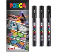 Posca Water Based Acrylic Paint Marker Pens | Multi Surface Use Permanent Paint Pen | Pack of 3 Pens in Envelope Gift Packaging | Glass, Fabric, Canvas, Wood etc | PC-3M, Black