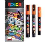 Posca Water Based Acrylic Paint Marker Pens | Multi Surface Use Permanent Paint Pen | Pack of 3 Pens in Envelope Gift Packaging | Glass Fabric Canvas Wood etc | PC-1M, PC-3M, PC-5M, Orange