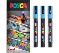 Posca Water Based Acrylic Paint Marker Pens | Multi Surface Use Permanent Paint Pen | Pack of 3 Pens in Envelope Gift Packaging | Glass, Fabric, Canvas, Wood etc | PC-3M, Light Blue
