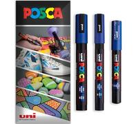 Posca Water Based Acrylic Paint Marker Pens | Multi Surface Use Permanent Paint Pen | Pack of 3 Pens in Envelope Gift Packaging | Glass Fabric Canvas Wood etc | PC-1M, PC-3M, PC-5M, Blue