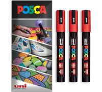 Posca Water Based Acrylic Paint Marker Pens | Multi Surface Use Permanent Paint Pen | Pack of 3 Pens in Envelope Gift Packaging | Glass, Fabric, Canvas, Wood etc | PC-5M, Red