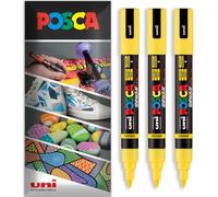 Posca Water Based Acrylic Paint Marker Pens | Multi Surface Use Permanent Paint Pen | Pack of 3 Pens in Envelope Gift Packaging | Glass, Fabric, Wood etc | Brush Nib PC-5BR, Yellow