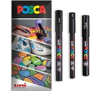 Posca Water Based Acrylic Paint Marker Pens | Multi Surface Use Permanent Paint Pen | Pack of 3 Pens in Envelope Gift Packaging | Glass Fabric Wood etc | PC-1MR, PC-1M, PC-3M, Black