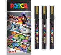 Posca Water Based Acrylic Paint Marker Pens | Multi Surface Use Permanent Paint Pen | Pack of 3 Pens in Envelope Gift Packaging | Glass, Fabric, Canvas, Wood etc | PC-3M, Gold