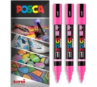 Posca Water Based Acrylic Paint Marker Pens | Multi Surface Use Permanent Paint Pen | Pack of 3 Pens in Envelope Gift Packaging | Glass, Fabric, Wood etc | Brush Nib PC-5BR, Pink