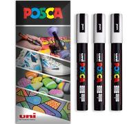 Posca Water Based Acrylic Paint Marker Pens | Multi Surface Use Permanent Paint Pen | Pack of 3 Pens in Envelope Gift Packaging | Glass, Fabric, Canvas, Wood etc | PC-5M, White