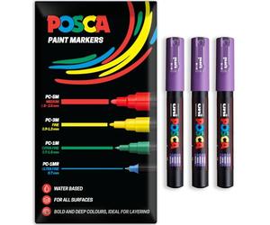 Posca Water Based Acrylic Paint Marker Pens | Multi Surface Use Permanent Paint Pen | Pack of 3 Pens in Envelope Gift Packaging | Glass, Fabric, Canvas, Wood etc | PC-1M, Violet