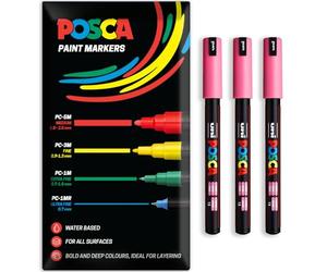 Posca Water Based Acrylic Paint Marker Pens | Multi Surface Use Permanent Paint Pen | Pack of 3 Pens in Envelope Gift Packaging | Glass, Fabric, Canvas, Wood etc | PC-1MR, Pink