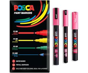 Posca Water Based Acrylic Paint Marker Pens | Multi Surface Use Permanent Paint Pen | Pack of 3 Pens in Envelope Gift Packaging | Glass Fabric Wood etc | PC-1MR, PC-1M, PC-3M, Pink