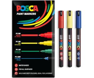 Posca Water Based Acrylic Paint Marker Pens | Multi Surface Use Permanent Paint Pen | Pack of 3 Pens in Envelope Gift Packaging | Glass, Fabric, Canvas, Wood etc | PC-1MR, Red, Yellow, Blue