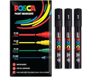 Posca Water Based Acrylic Paint Marker Pens | Multi Surface Use Permanent Paint Pen | Pack of 3 Pens in Envelope Gift Packaging | Glass, Fabric, Canvas, Wood etc | PC-5M, Black