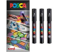 Posca - Water Based Permanent Marker Paint Pen - Multi Surface Use - PC-1M - Pack of 3 Pens in Wallet (Black)
