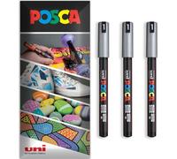 Posca Water Based Permanent Marker Paint Pen - Multi Surface Use - PC-1MR, 0.7mm Nib Ultra Fine - Pack of 3 Pens in Wallet (Silver)
