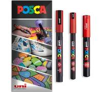 Posca - Water Based Permanent Marker Paint Pen - Multi Surface Use - PC-1MR, PC-1M, PC-3M - Pack of 3 Pens in Wallet (Red)