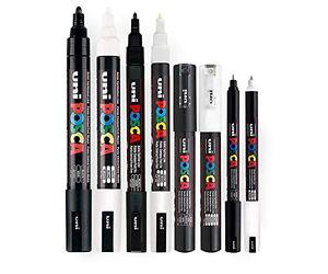Posca - Water Based Permanent Marker Paint Pen - Multi Surface Use - PC-1MR, PC-1M, PC-3M, & PC-5M Set - Black & White Pack of 8 Pens