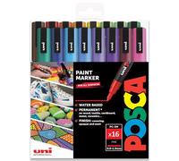 Posca Water Based Permanent Marker Paint Pen - Multi Surface Use - PC-3M 0.9-1.3mm Fine - Set of 16 Pens in Plastic Gift Wallet - Full Spectrum
