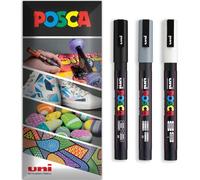Posca Water Based Permanent Marker Paint Pen - Multi Surface Use - PC-3M, Fine 0.9-1.3mm Nib - Pack of 3 Pens in Wallet (Black, Grey, White)