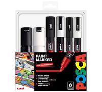 Posca - Water Based Permanent Marker Paint Pen - Multi Surface Use - PC-3M, PC-5M, & PC-7M Bullet Nib Set - Black & White Pack of 6 Pens in Wallet