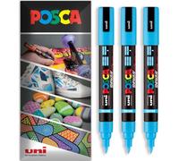 Posca Water Based Permanent Marker Paint Pen - Multi Surface Use - PC-5BR Brush Nib - Pack of 3 Pens in Wallet (Light Blue)